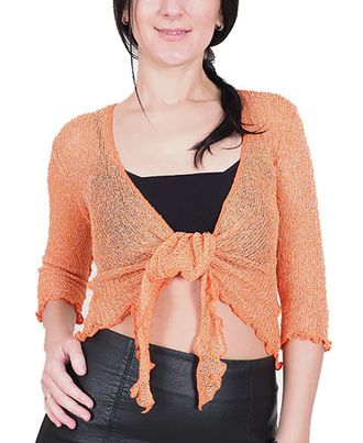 Mimosa Ladies Crochet Shrug Bolero Glitter or Plain Super Stretchy Lace Fish Net Tie at Waist Bolero Open Cardigan Fits UK 6-28
