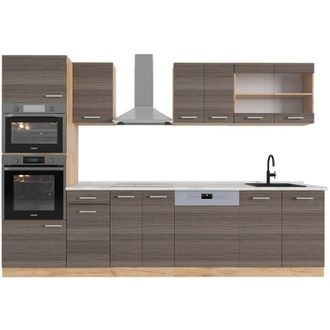 Vicco Mueble de cocina R-Line, Gris noble/roble dorado, 300 cm con armario alto, et Mármol