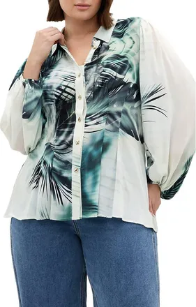 City Chic Piper Palm Print Button-Up Shirt in Shadow Palm at Nordstrom, Size 10W