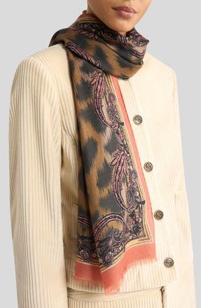 Etro Tosca Wool, Cashmere & Silk Fringe Scarf in Printed Black Base at Nordstrom