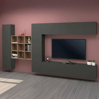 Dmora Dmora - Pared Equipada Dfallic, Conjunto De Sal&oacute;n Mueble Tv Con 4 Puertas, Mueble De Sal&oacute;n Polivalente, 100% Made In Italy, Cm 350x30h180, Antracita