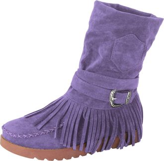 Generic Shoes Casual Fashion Toe Short Womens Fringe Boots Round Flat Womens Boots Women Flat Short Boots (Purple, 5.5)