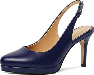 EDEFS Womens Navy Slingback Heels with 3.5 Inch High Heel Platform Elegant Court Shoes for Office and Evening Wear UK2