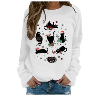 Generic Christmas Jumpers Christmas Cat Sweatshirts Black Cat Christmas Lights Shirt Crewneck Holiday Pullover Sweater Long Sleeve Pullover Blouse Crew Neck O