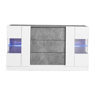 STILVORA Aparador Con 2 Puertas Y 3 Cajones, Led 16 Colores Con App, Blanco Brillo Y Efecto M&aacute;rmol Gris, Mdf, 140&times;35&times;75 Cm