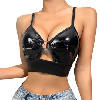 Generic Womens PU Leather Lingerie Buckle Strappy Cut Out Bra Underwire Push Up Bralette Slip for Women Lingerie (Black, XL)