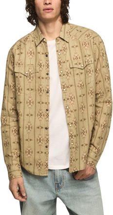 Lucky Brand Geo Pattern Slub Cotton Snap-Up Western Shirt in Khaki Multi at Nordstrom, Size X-Large