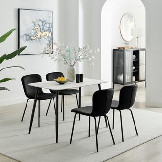 Furniturebox Asti White Marble Ceramic Top Dining Table & 4 Cream Asti Chairs in Black | Size: 4 Person