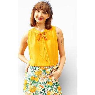 ModCloth Picnic Perfect Tie-Neck Top in Sun Squeezed at Nordstrom, Size X-Large