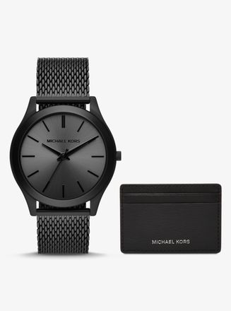Michael Kors Oversized Slim Runway Black-Tone Watch and Card Case Gift Set