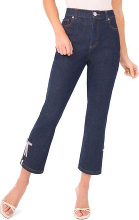 CeCe by Cynthia Steffe Rhinestone Bow Detail High Waist Crop Flare Jeans in Indigo Night at Nordstrom, Size 14