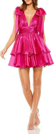 Mac Duggal Oversized Bow Deep V Ruffle Mini Dress in Fuchsia at Nordstrom, Size 10