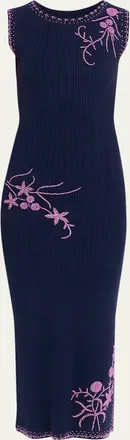 Prabal Gurung Floral Bead Embroidered Rib Knit Midi Dress