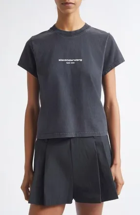 Alexander Wang Shrunken Cotton Logo T-Shirt in Washed Black at Nordstrom, Size X-Small