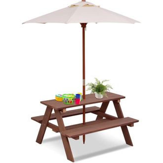 Costway Costway Mesa De Picnic Para Ni&ntilde;os 3 En 1, Mesa De Actividades Al Aire Libre Para Ni&ntilde;os Con Paraguas Extra&iacute;ble, Bancos De Madera, Mesa De Picnic Exteri