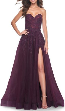 La Femme Sweetheart Tulle Strapless Gown with Lace Applique in Dark Berry at Nordstrom, Size 12