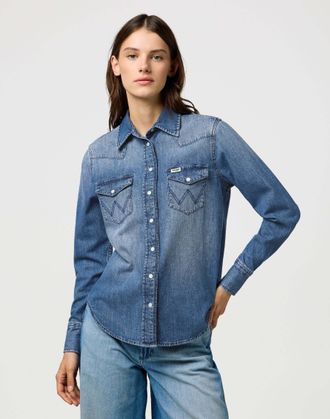 Wrangler Jeansbluse WRANGLER WRANGLER Jeanshemd Heritage Shirt, Damen, Gr. XL, blau, Obermaterial: 80% Baumwolle CO. 20% Baumwolle CO recyc.., Blusen Jeansblus
