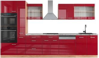 Vicco Mueble de cocina R-Line, Burdeos brillo intenso/roble dorado, 350 cm con armario alto, et Mármol