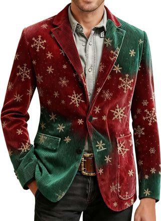 Generic Mens Christmas Blazer Corduroy Jacket Ugly Christmas Blazer Jackets Xmas Festive Costume Slim Fit Single-Breasted Suit Jacket Novelty Xmas Tuxedo Holi