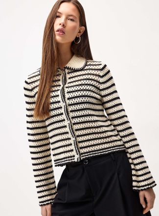 Twik Womens Striped crocheted Cardigan Sweater