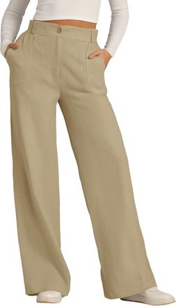 Generic Womens Cotton Linen Wide Leg Trousers - Solid Colour Button Down Casual Pants with Pockets Straight Leg Loose Fit Comfortable Office Wear & Smart Leis