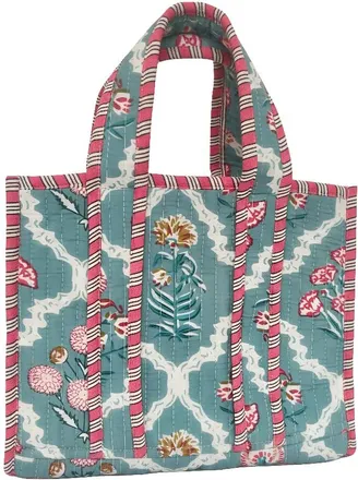 Generic Quilted Cotton Tote Bag with Hand-Block Floral Print | Lightweight Multipurpose Carry Bag for Women | Soft Fabric Shopping & Travel Handbag (DarkBlue-