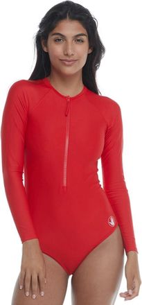 Body Glove Womens Long Sleeve Zip Front Paddle Suit One Piece Swimsuit, True Red, Medium