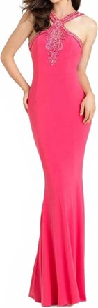 Madison James Halter Fitted Sheath Evening Maxi Dress In Coral