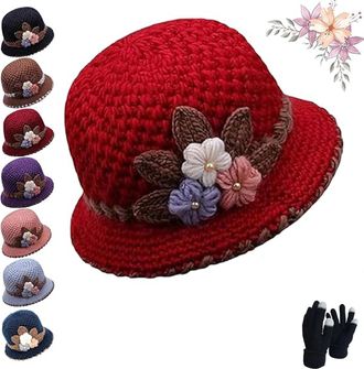 Generic Womens Flowers Knitted Hat, Winter Warm Crochet Fuzzy Bucket Hats, Thicken Retro Flower Cute Beanies Cap (UK, Alpha, One Size, Red)