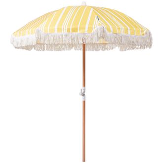 Beliani Sombrilla Amarillo Blanco Madera Clara 150 Cm Poste Madera Haya Resistente Uv Mondello