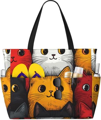 Generic Cute Cat Print Large Beach Bag Foldable Travel Shoulder Tote Bag With Pocket For Weekender Pool Vacation