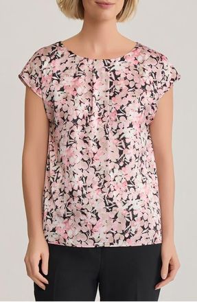 Kasper Floral Print Box Pleat Satin Top in Black/Pink Multi at Nordstrom, Size X-Large