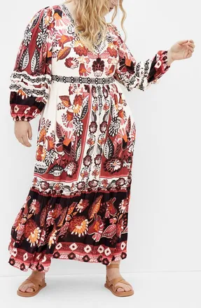 City Chic Malia Mixed Print Long Sleeve Maxi Dress in Ivory at Nordstrom, Size Xxs