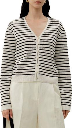 LilySilk Toscana Striped Pointelle Cardigan in White With Black Stripes at Nordstrom, Size X-Small