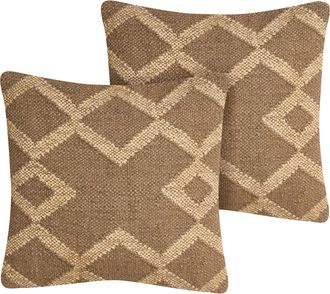 Beliani Conjunto De 2 Cojines Patr&oacute;n Geom&eacute;trico Tapizado De Yute Y Lana 45 X 45 Cm Marr&oacute;n Claro Y Beige Gopi