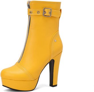 Generic Womens Round Toe Ankle Boots with Buckle Strap & Chunky Platform Heel, Casual Style,Yellow,5.5 UK