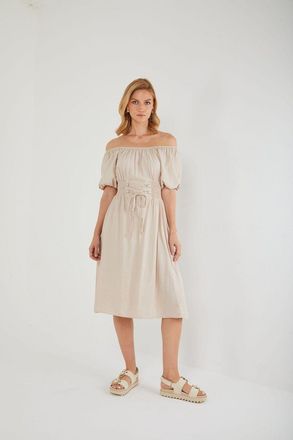 Mixray Off-Shoulder Puff Sleeve Midi-jurk met Vetersluiting in de Taille