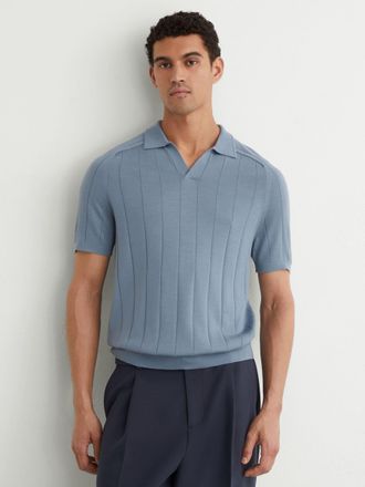 Reiss Armour Blue Merino Wool Wide-rib Polo Jumper, Xxl