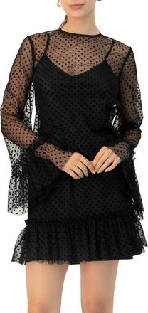 Ivonne Flocked Polka Dot Short Dress with Wide Long Sleeves in Black at Nordstrom, Size 12