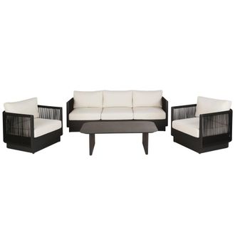 Maisons du monde Sal&oacute;n de exterior de 5 plazas de aluminio negro y poli&eacute;ster reciclado color crudo