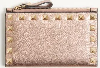 Valentino Garavani Portacarte Con Zip Rockstud In Vitello Granato Laminato Donna ROSE CANNELLE UNI