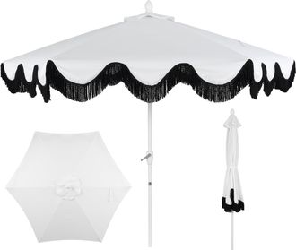 Jonathan Y Designs Collins 9 ft. Classic Cottage Fringe Tassel Market Patio Umbrella with Auto-Tilt Crank, Wind Vent and UV Protection in Black and White Stripe/Cream, W