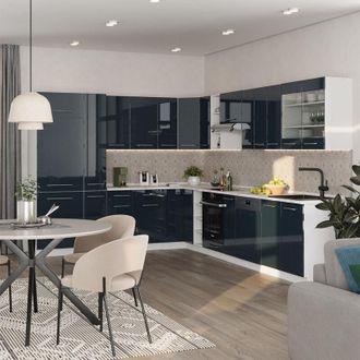 Vicco Cocina Esquinera Fame-line, Azul Oscuro Alto Brillo/blanco, 257 X 60 Cm, Et M&aacute;rmol