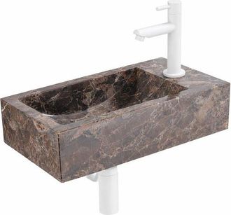 Saniclass Fuente Fonteinset - 40x22x10cm - kraangat rechts - fonteinkraan mat wit - afvoerplug - verlaagd sifon - Dark Emporador