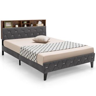 Costway Costway Double Size Bed Frame Upholstered Platform Bed W/ Storage Headboard in Grey