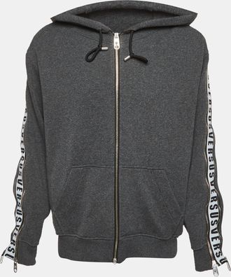 Versace Versus Versace Grey Cotton Knit Logo Tape Zip Detail Hooded Jacket