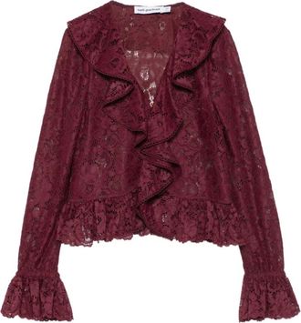 Self Portrait Plum Lace Ruffle Top - Dames - Blouses - Rood - 2XS - Polyester - Overhemden