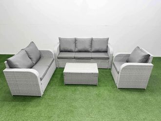 Fimous Patio PE Wicker 6 Seater Outdoor Rattan Furniture Sofa Sets w/ Rectangular Coffee Table Reclining Chair Loveseat Sofa 3 Seater Sofa Light Grey