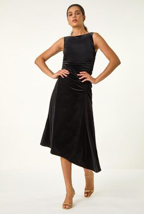 Roman Velvet Side Ruched Stretch Midi Dress