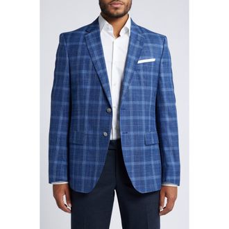 BOSS Hutson Slim Fit Plaid Wool & Silk Blend Sport Coat in Navy at Nordstrom Rack, Size 38 Regular